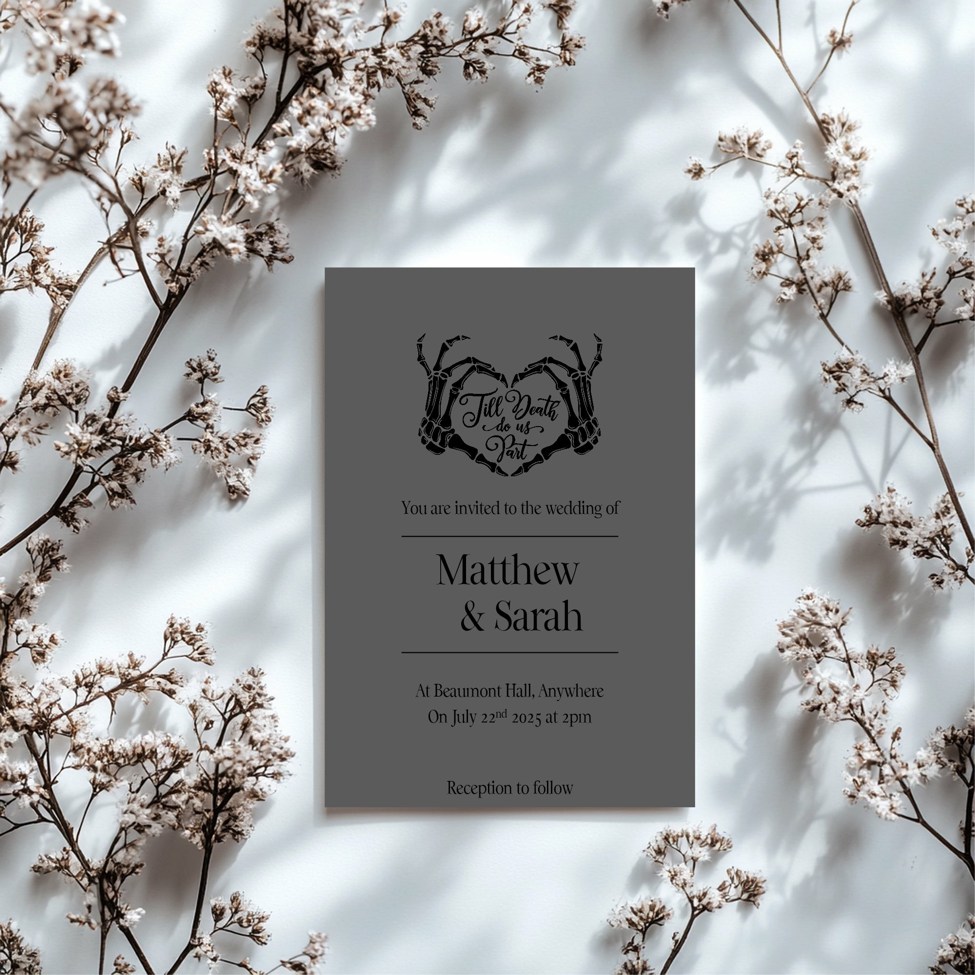 Pack of 10 Custom Gothic Skeleton Heart Tarot Card Wedding Invitations | Charcoal