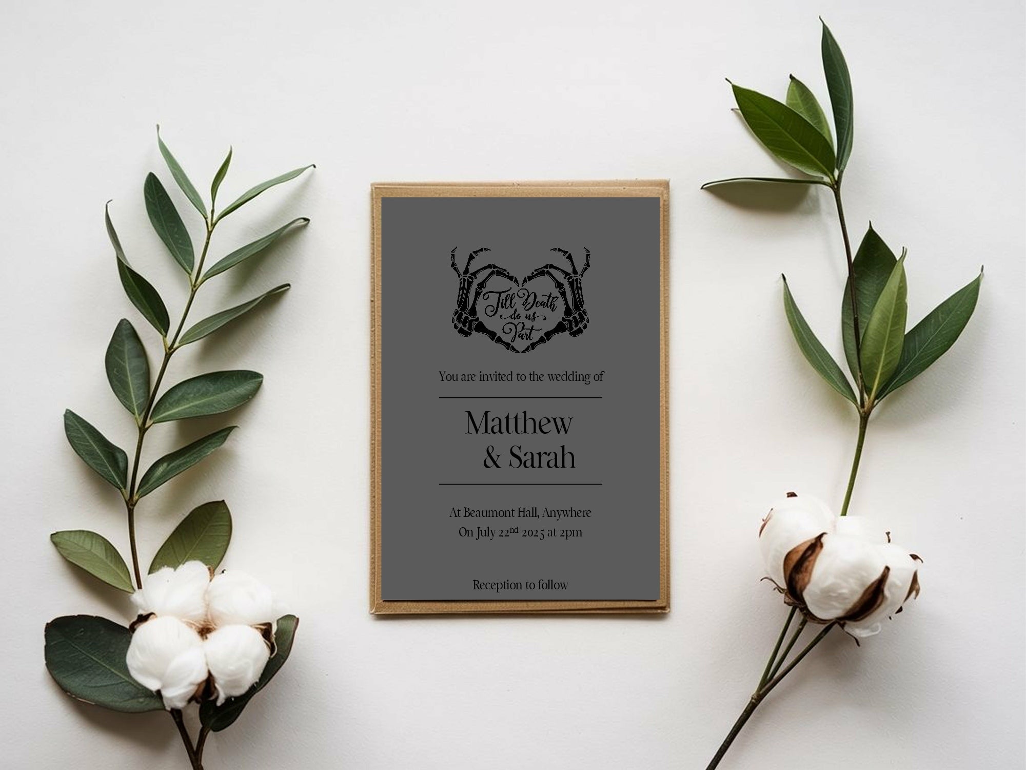 Pack of 10 Custom Gothic Skeleton Heart Tarot Card Wedding Invitations | Charcoal