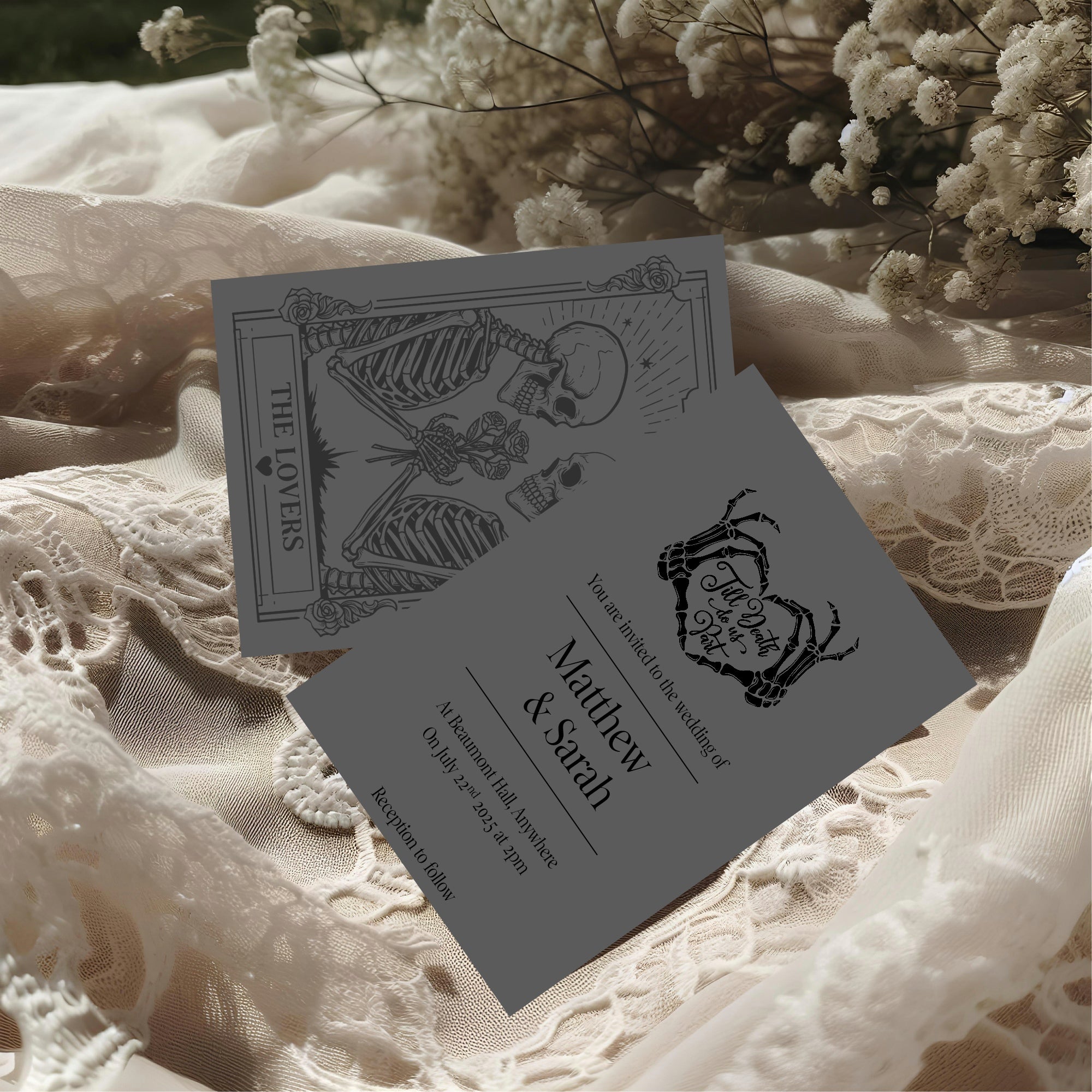 Pack of 10 Custom Gothic Skeleton Heart Tarot Card Wedding Invitations | Charcoal