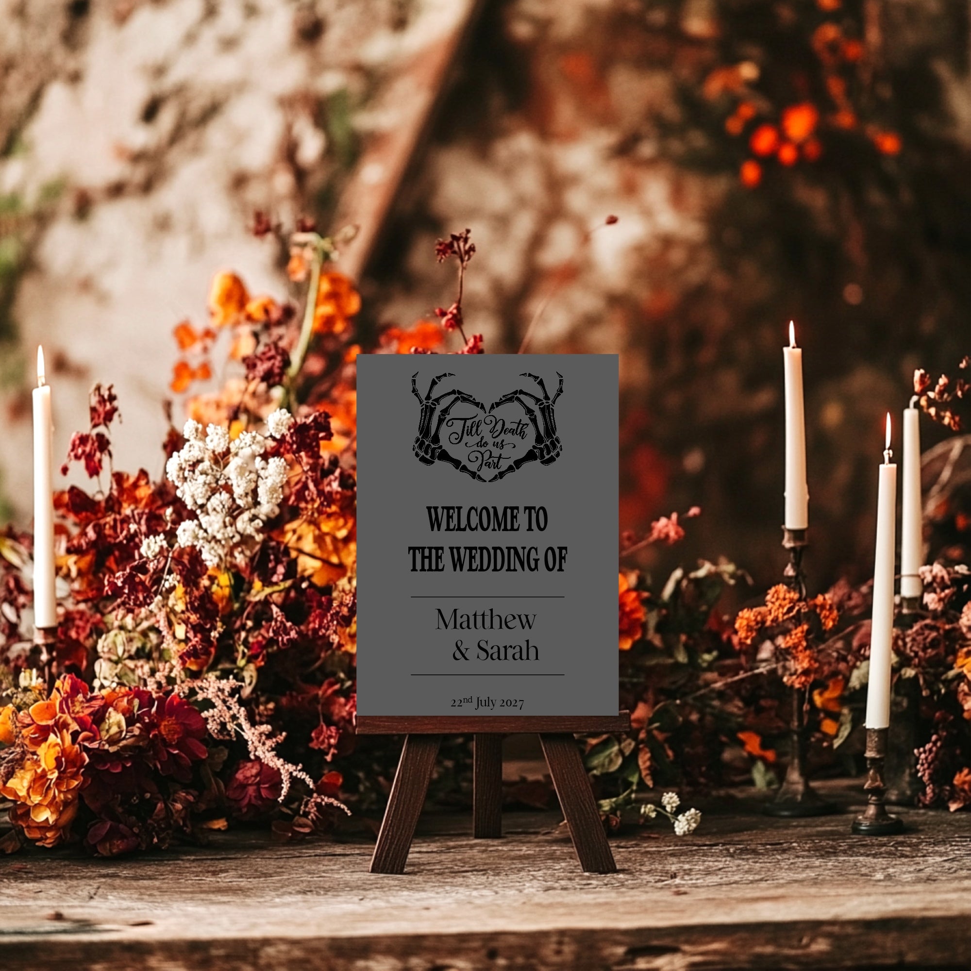 Pack of 10 Custom Gothic Skeleton Heart Tarot Card Wedding Invitations | Charcoal