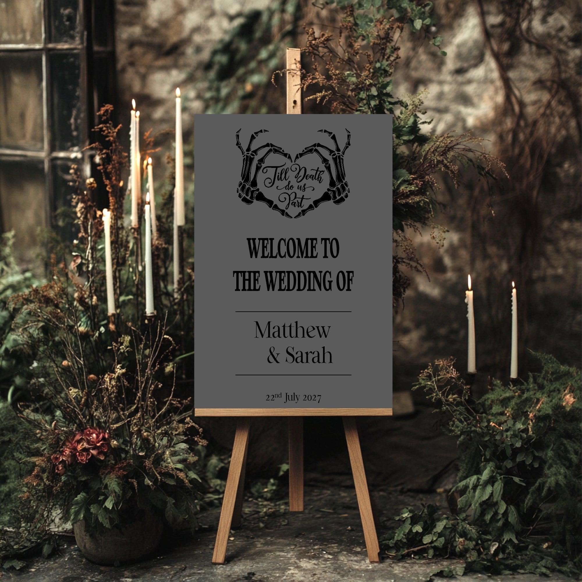 Pack of 10 Custom Gothic Skeleton Heart Tarot Card Wedding Invitations | Charcoal