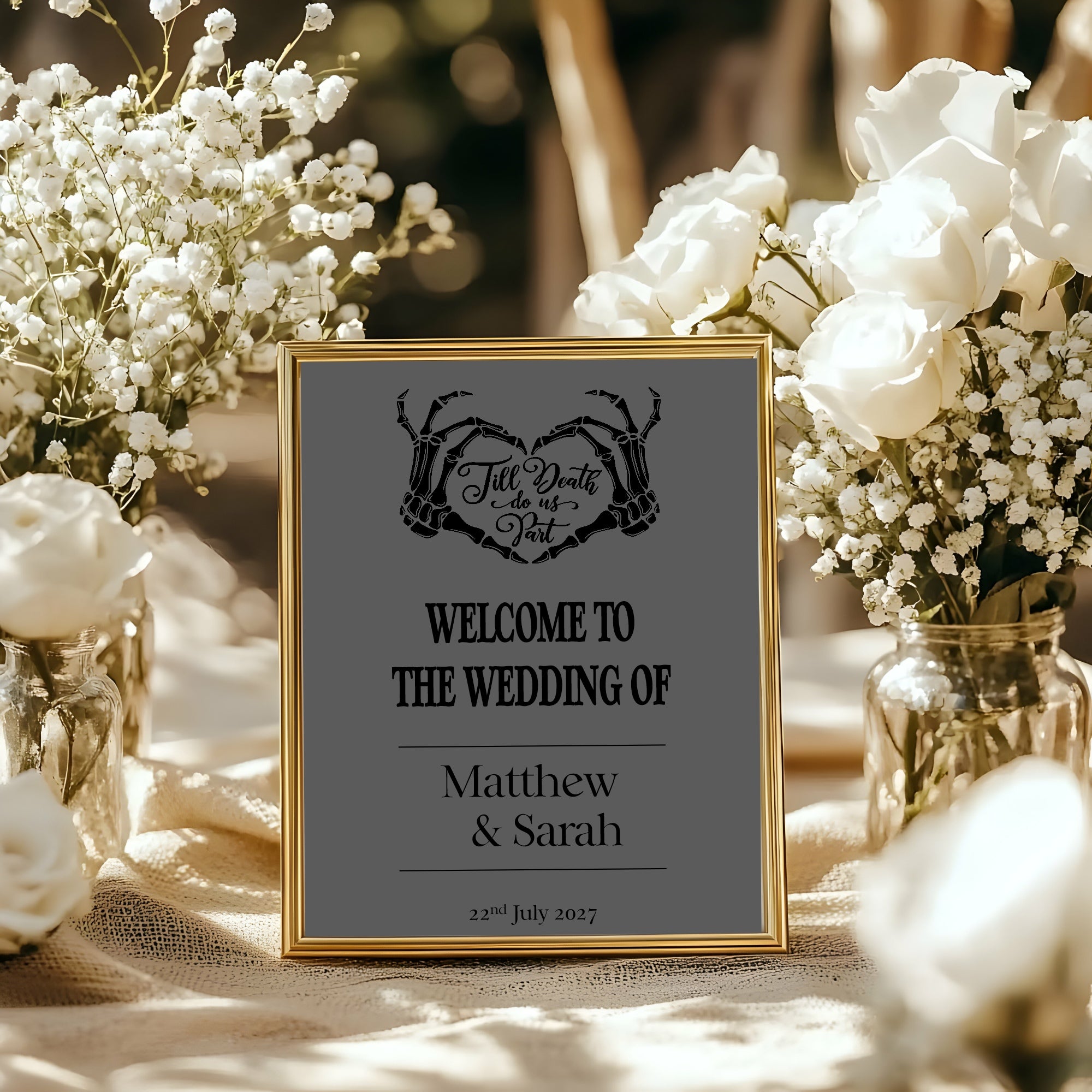 Gothic Dark Romance Skeleton Heart Tarot Card Double Sided Forever Wedding Sign | Charcoal