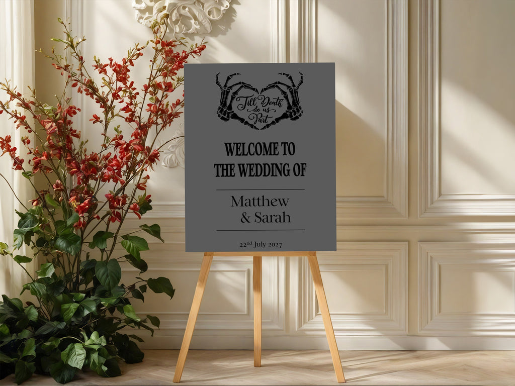 Gothic Dark Romance Skeleton Heart Tarot Card Double Sided Forever Wedding Sign | Charcoal