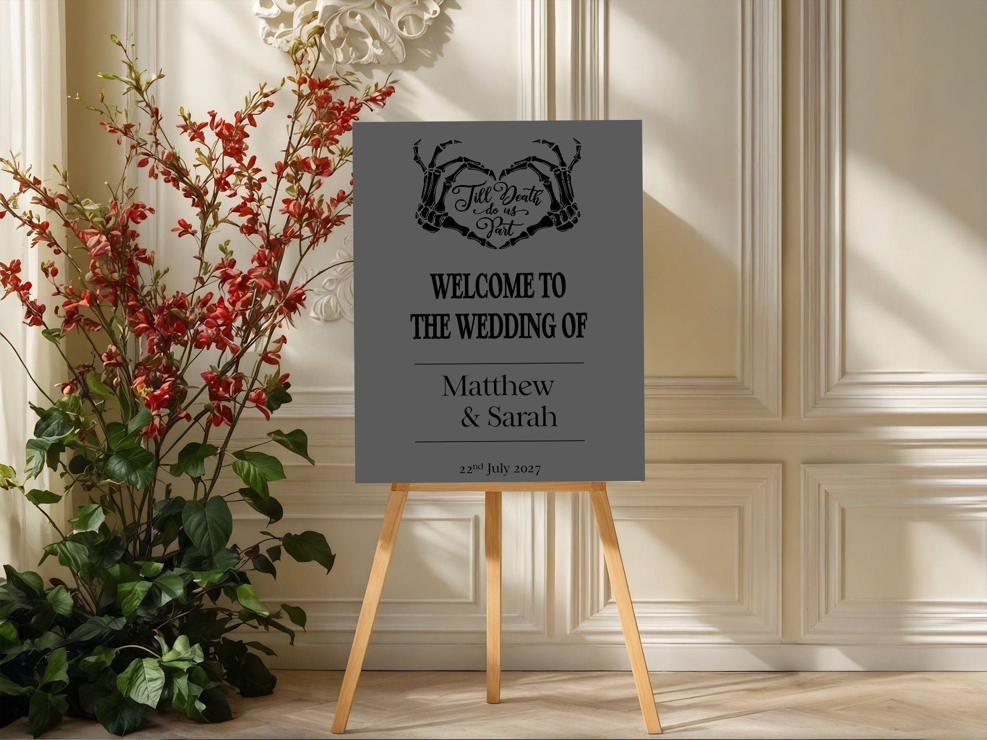 Gothic Dark Romance Skeleton Heart Tarot Card Double Sided Forever Wedding Sign | Charcoal