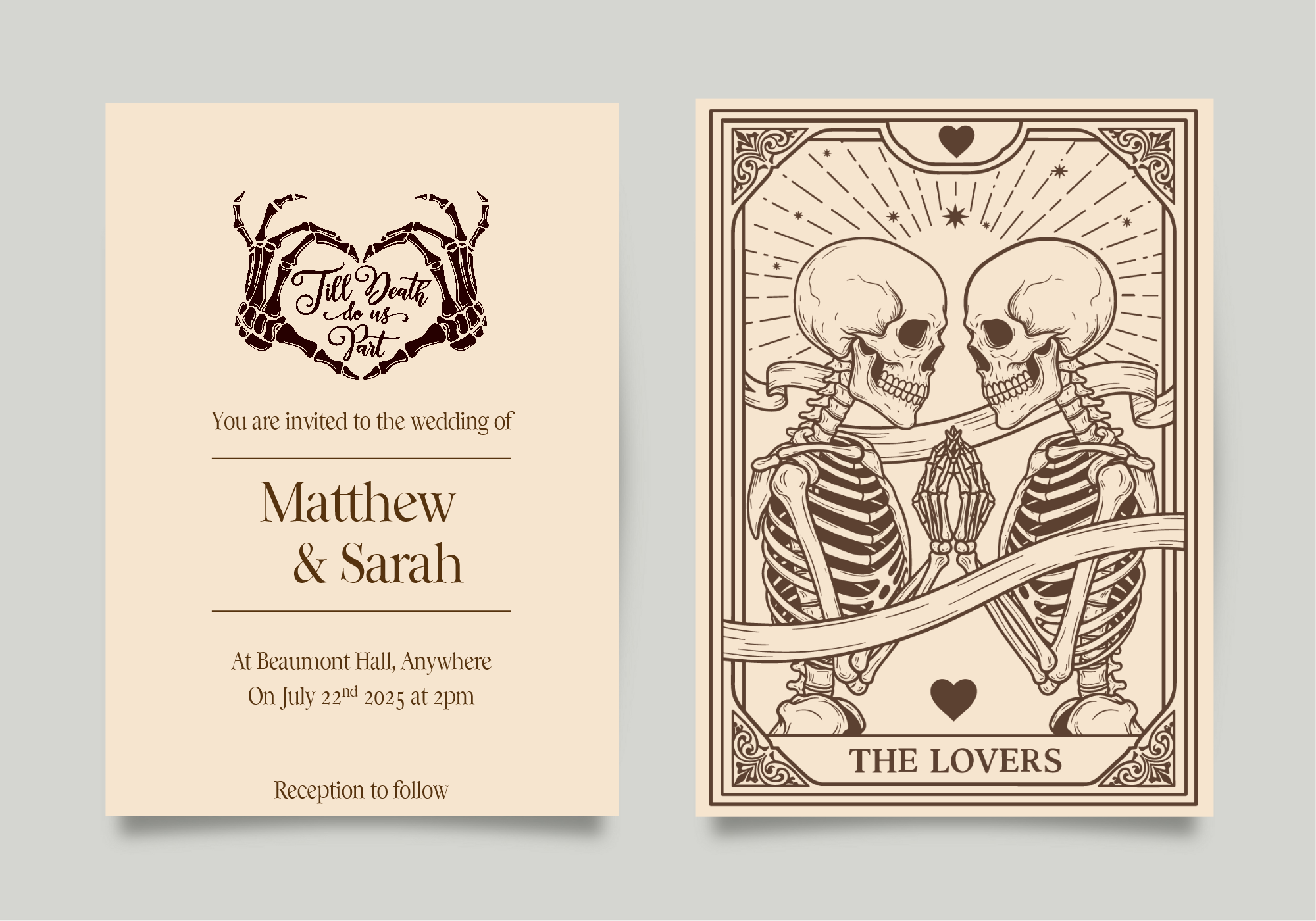 Pack of 10 Custom Gothic Skeleton Heart Tarot Card Wedding Invitations | Beige