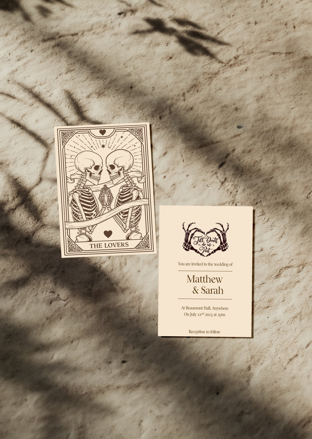 Pack of 10 Custom Gothic Skeleton Heart Tarot Card Wedding Invitations | Beige