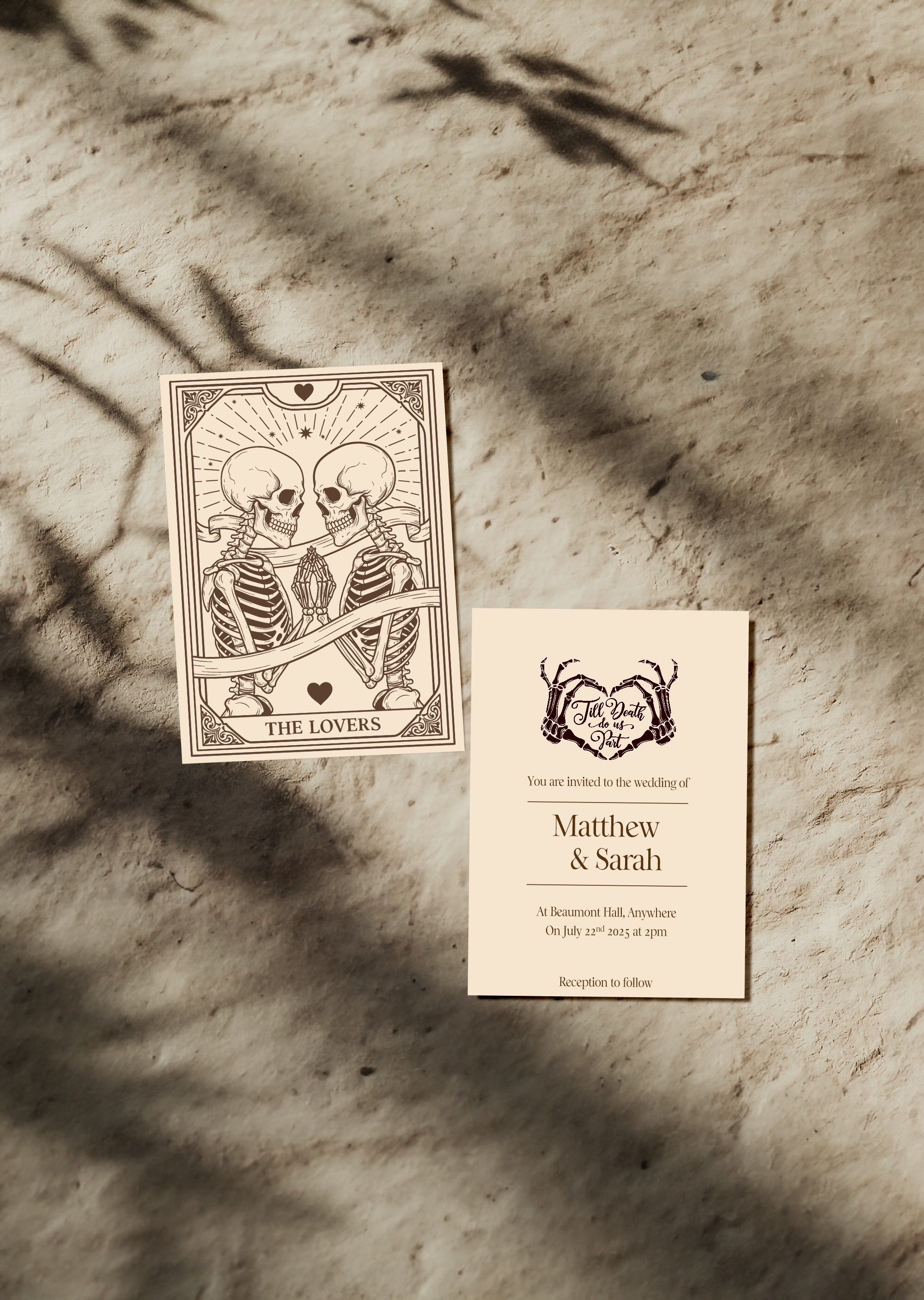 Pack of 10 Custom Gothic Skeleton Heart Tarot Card Wedding Invitations | Beige