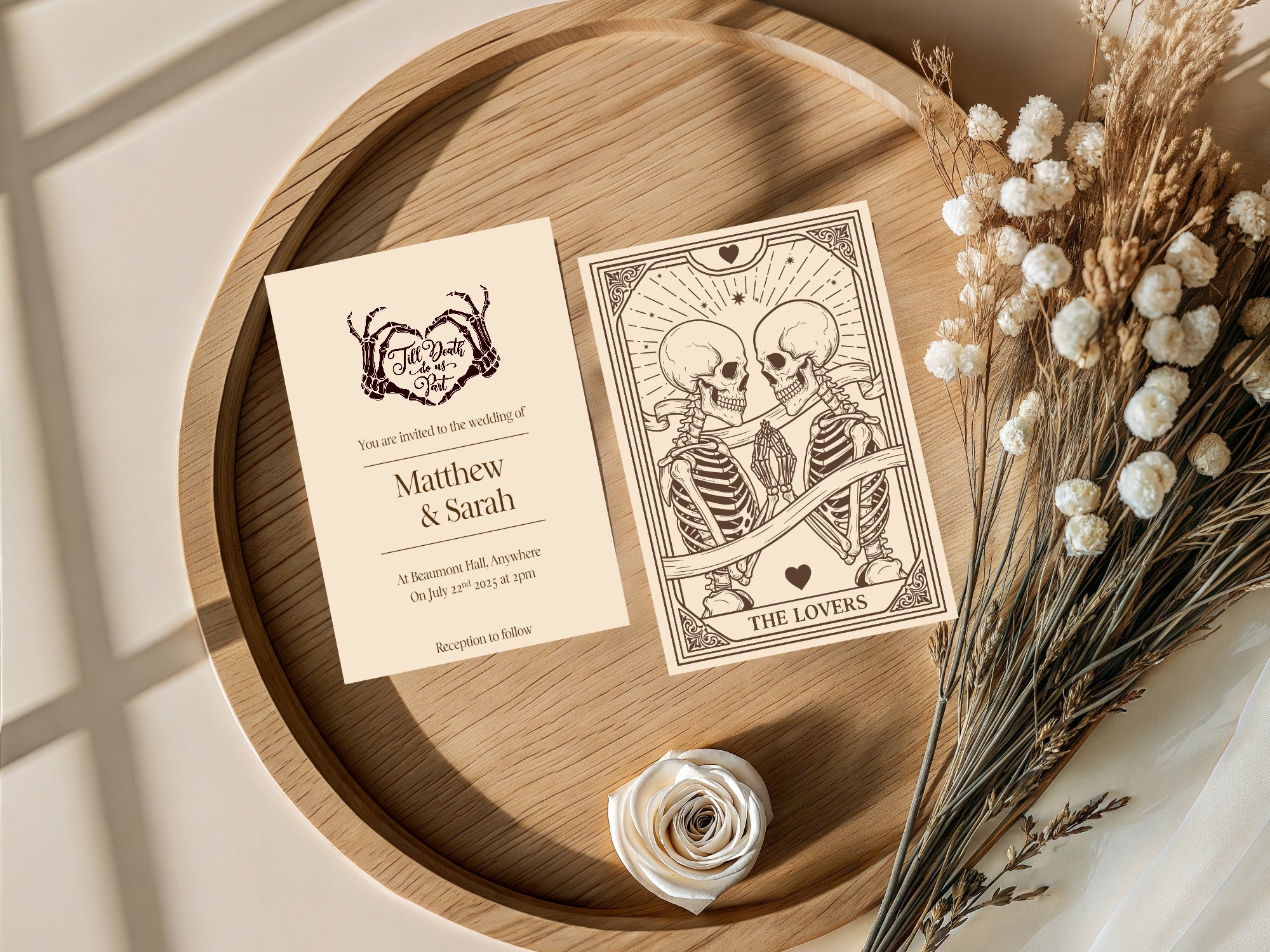 Pack of 10 Custom Gothic Skeleton Heart Tarot Card Wedding Invitations | Beige