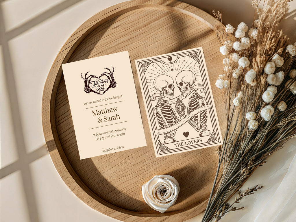 Gothic Dark Romance Skeleton Heart Tarot Card Double Sided Forever Wedding Sign | Beige