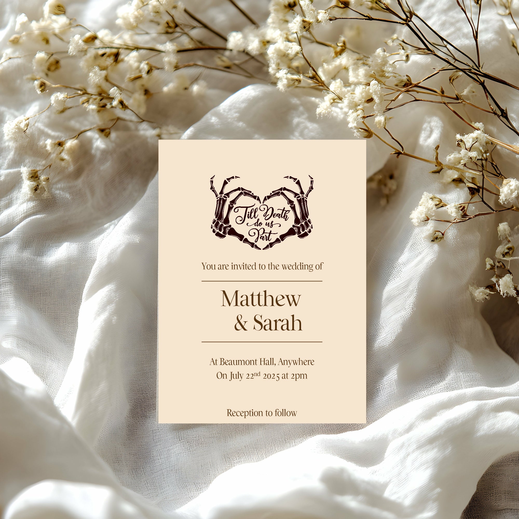 Pack of 10 Custom Gothic Skeleton Heart Tarot Card Wedding Invitations | Beige