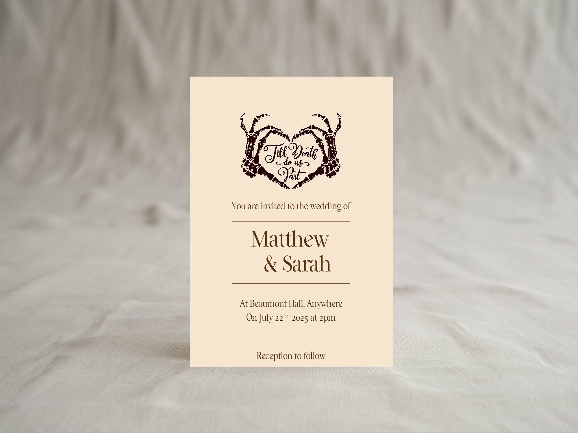 Pack of 10 Custom Gothic Skeleton Heart Tarot Card Wedding Invitations | Beige
