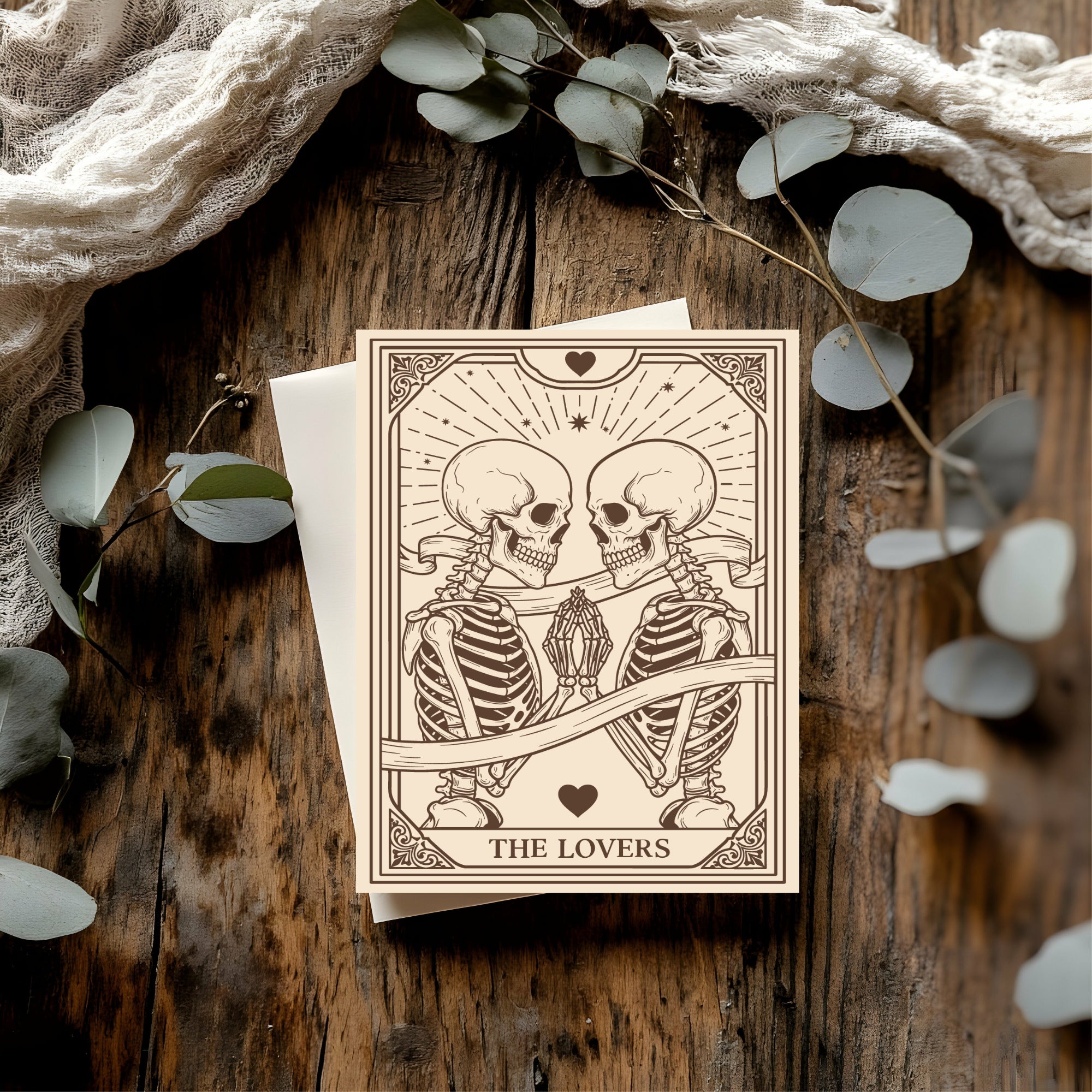 Pack of 10 Custom Gothic Skeleton Heart Tarot Card Wedding Invitations | Beige