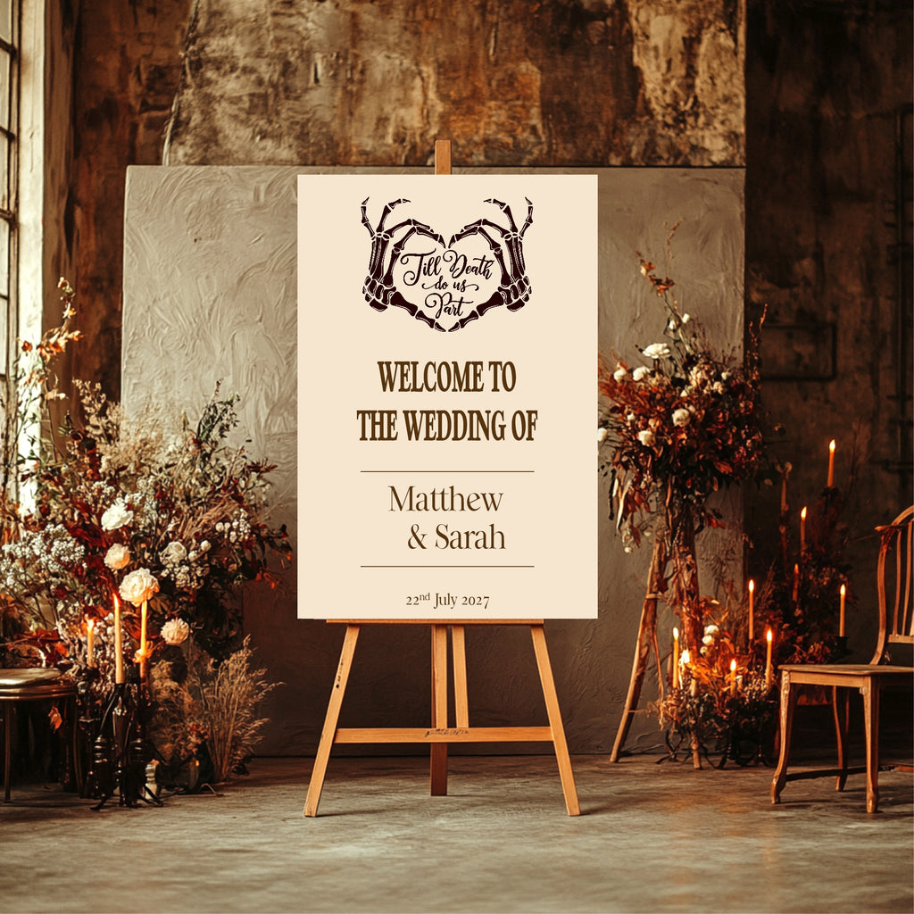 Gothic Dark Romance Skeleton Heart Tarot Card Double Sided Forever Wedding Sign | Beige
