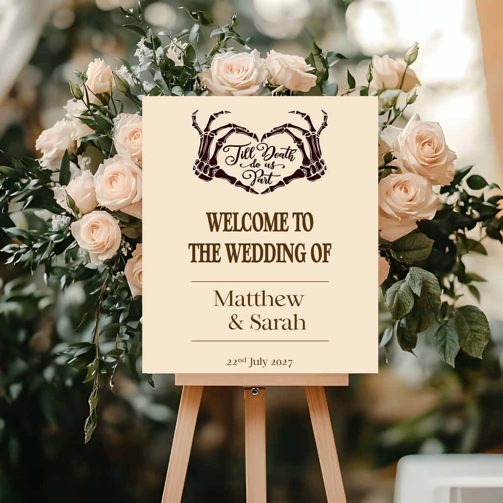 Gothic Dark Romance Skeleton Heart Tarot Card Double Sided Forever Wedding Sign | Beige