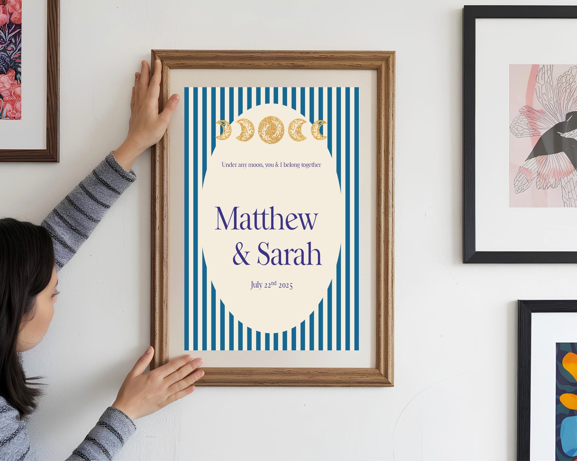 Alternative Celestial Striped Moon & Sun Wedding Sign – Double Sided Forever Print | Blue