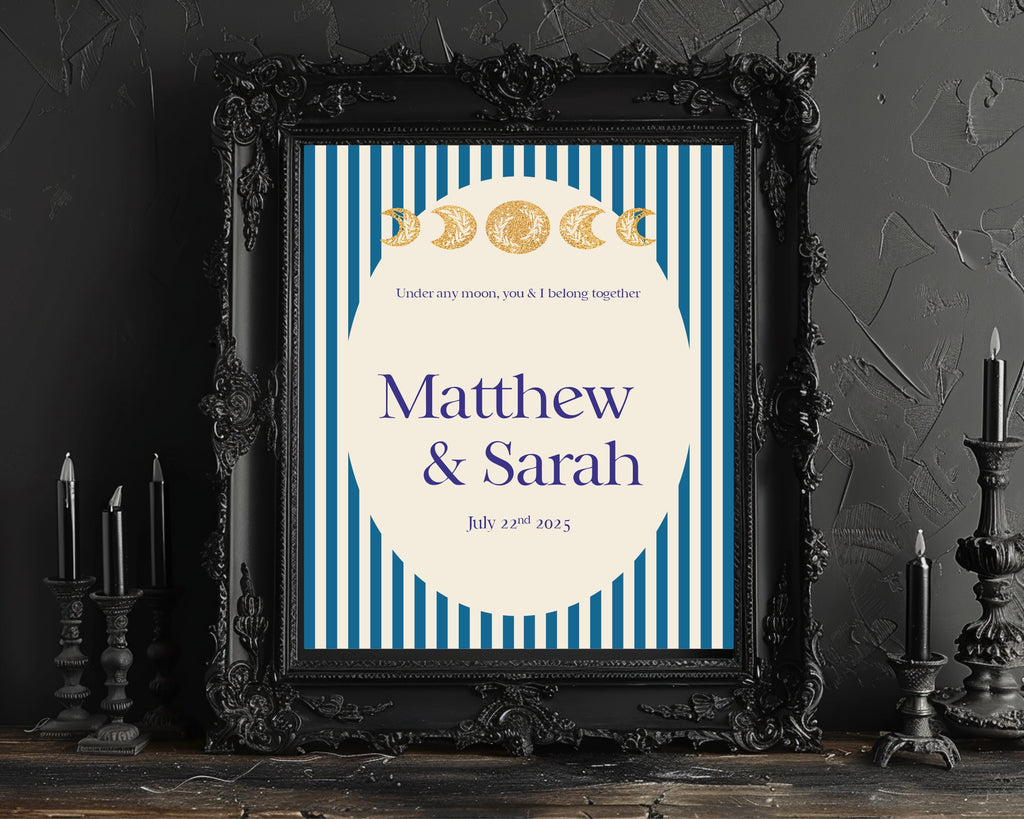 Alternative Celestial Striped Moon & Sun Wedding Sign – Double Sided Forever Print | Blue