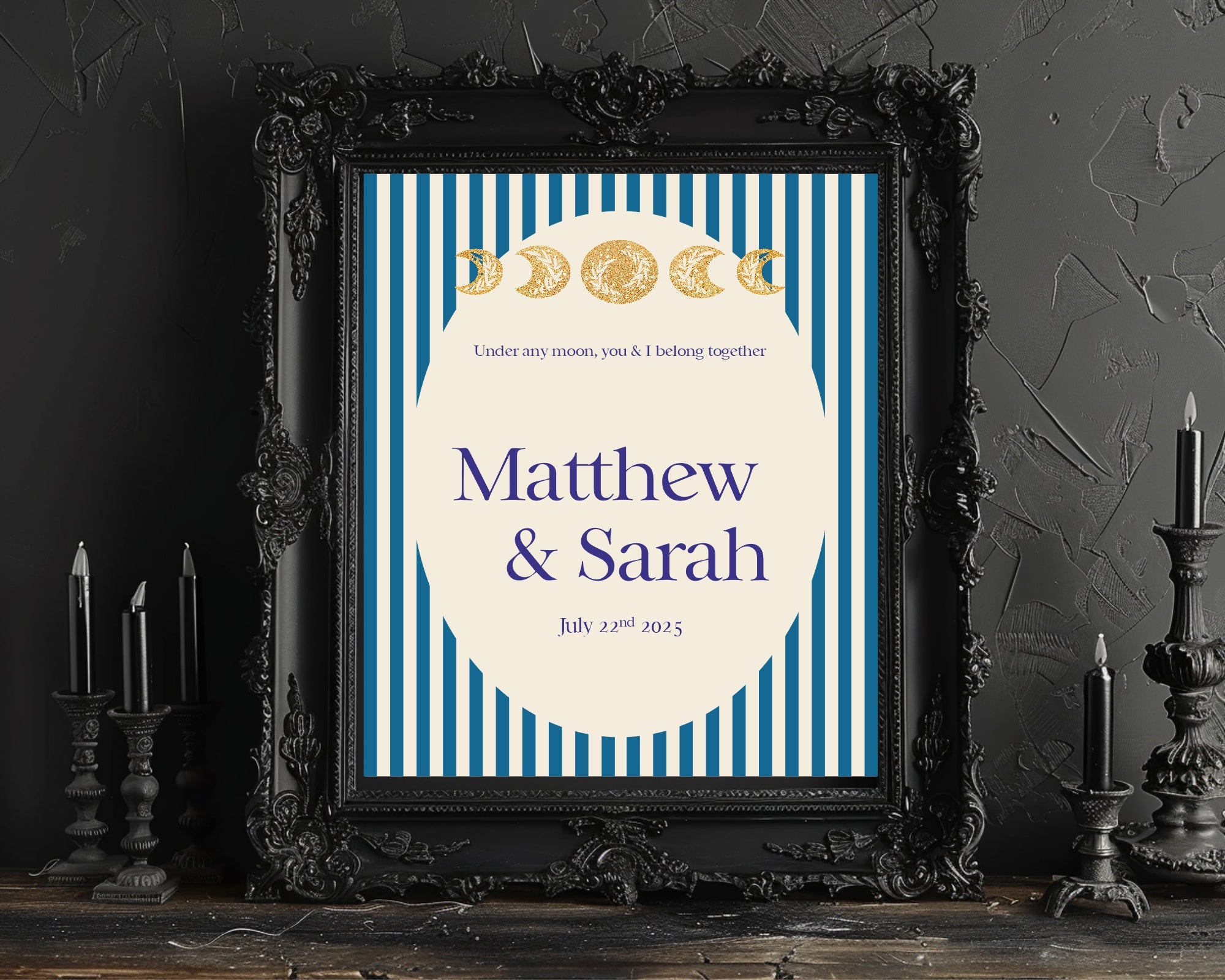 Alternative Celestial Striped Moon & Sun Wedding Sign – Double Sided Forever Print | Blue
