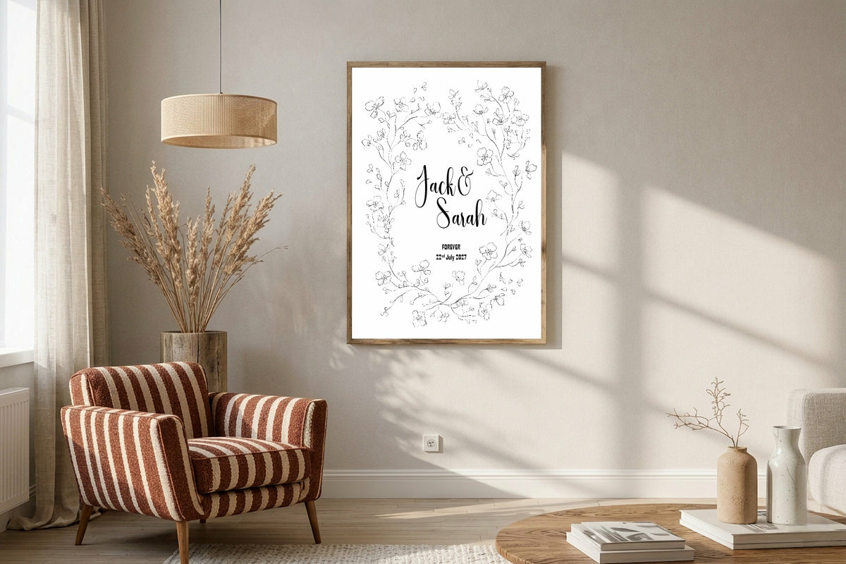 Black & White Floral Personalised Forever Wedding Keepsake Print