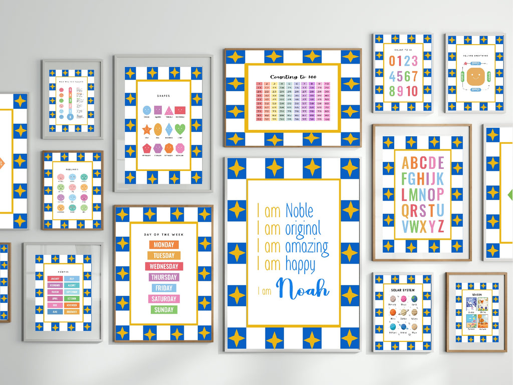 Blue Checked & Stars Shapes Poster | Educational Wall Art