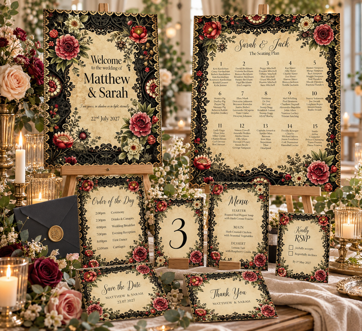 Gothic floral wedding stationery collection with ornate black lace borders, red and pink flowers, matching welcome sign, seating plan, invitations and table signs.