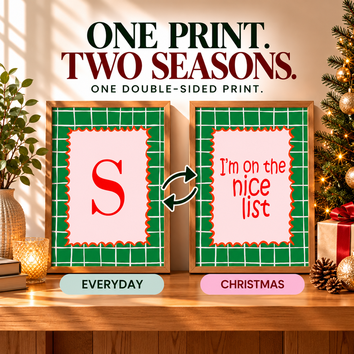 Personalised Christmas Green Check Forever Print | Double Sided