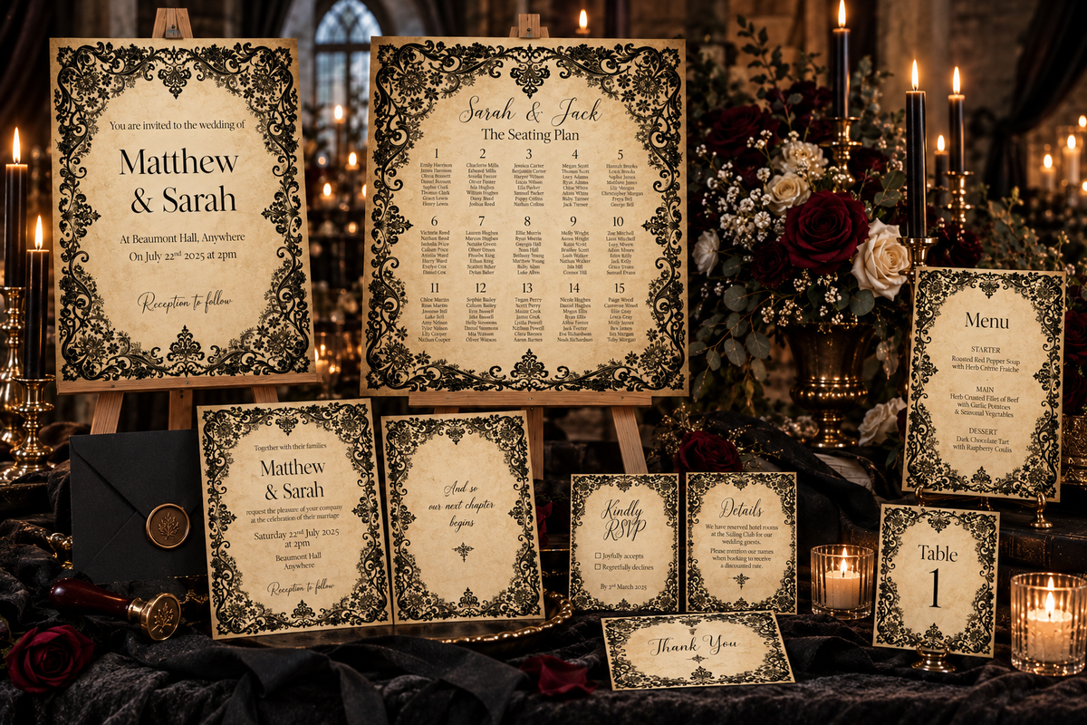 A coordinated set of gothic-style wedding stationery displayed on easels and tables in a candlelit venue. The set includes an invitation, seating plan, menu, table number, details card, and thank you card, all with ornate black damask borders on aged cream backgrounds.