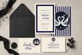 Celestial Swan invitation suite with A5 invitation, RSVP card, details card and black envelope