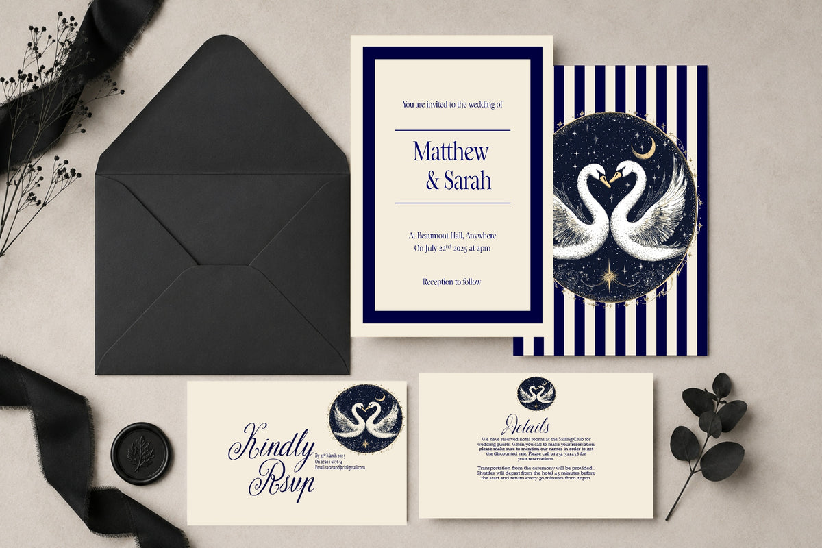 Celestial Swan invitation suite with A5 invitation, RSVP card, details card and black envelope