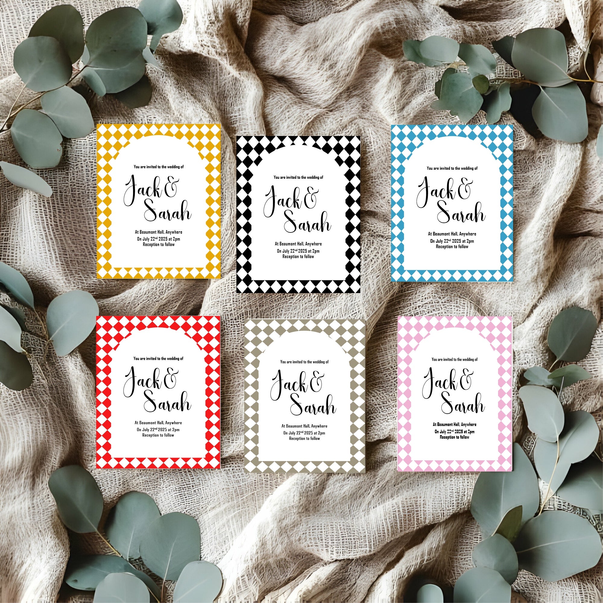 Harlequin Diamond Wedding Invitations & Envelopes – Pack of 10 | Multiple Colour Options