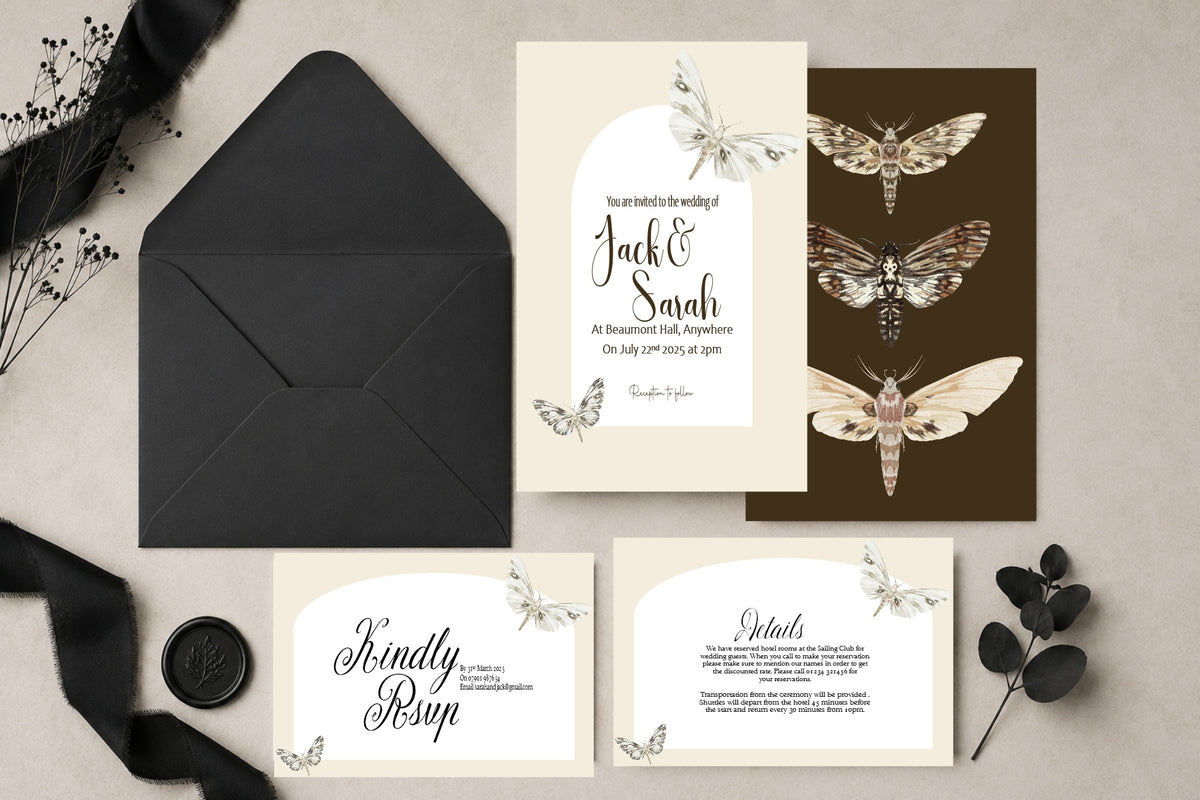 Dark Romance Vintage Moth Wedding Invitation Suite | RSVP & Details Cards | Invitations suite