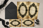 A flat-lay of gothic-style wedding stationery, including an open black envelope, two large invitation cards with ornate black damask frames on aged beige paper, two smaller RSVP/detail cards, a black ribbon, and a wax seal on a light neutral background.