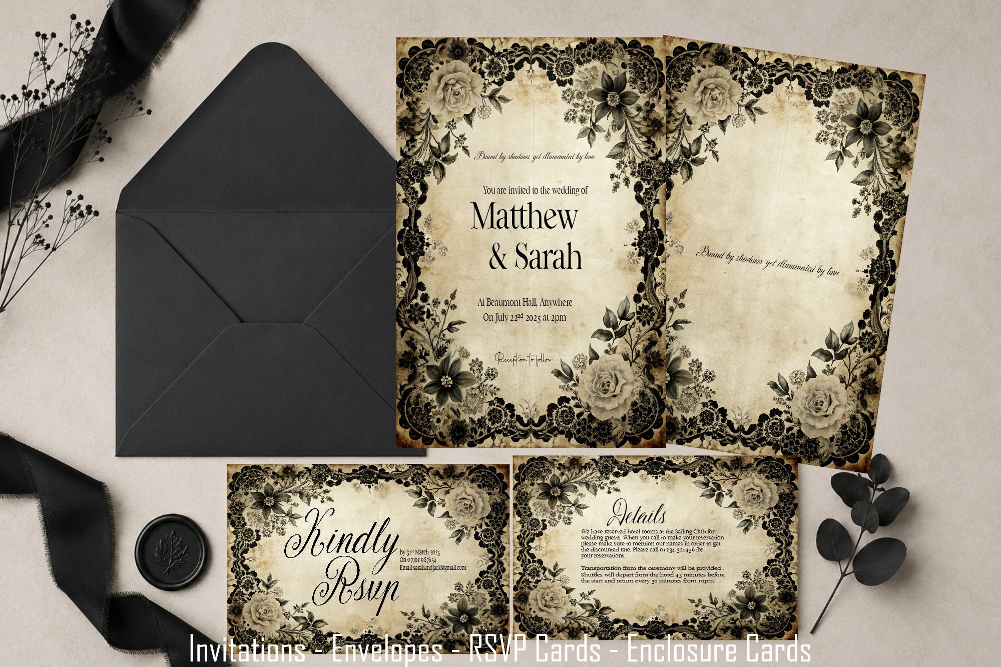 Black Rose Wedding Invitation Suite Bundle