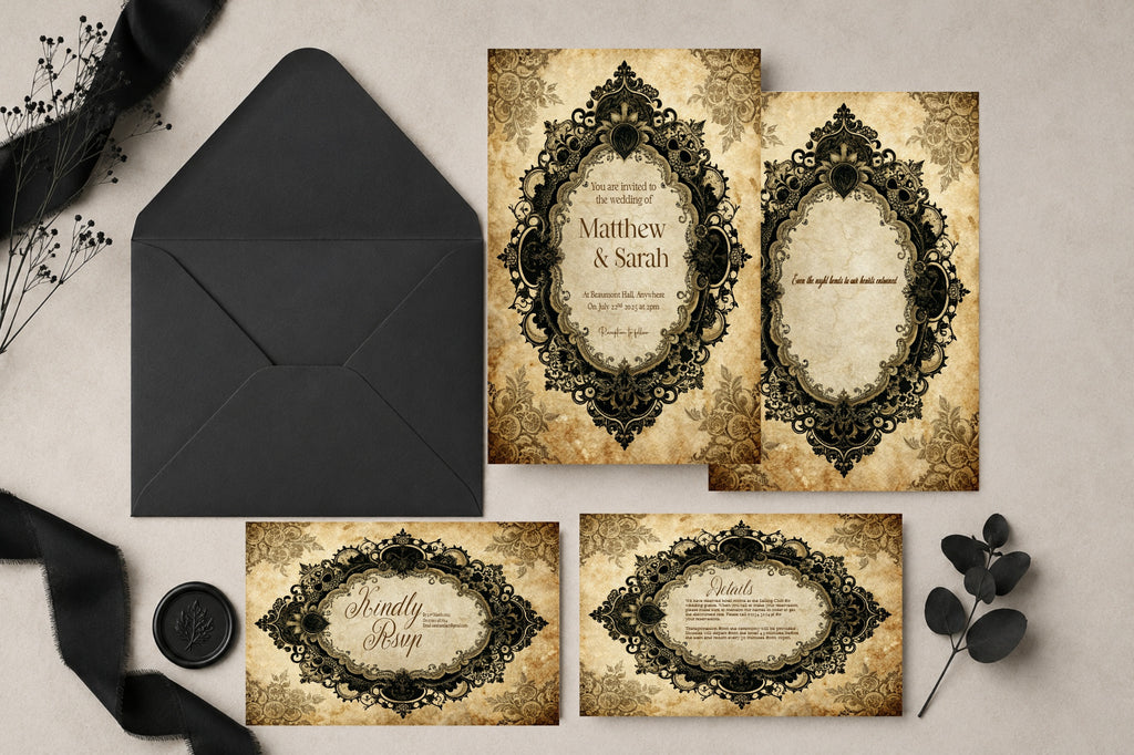 Black Lace Oval Frame Wedding Invitation Suite Bundle
