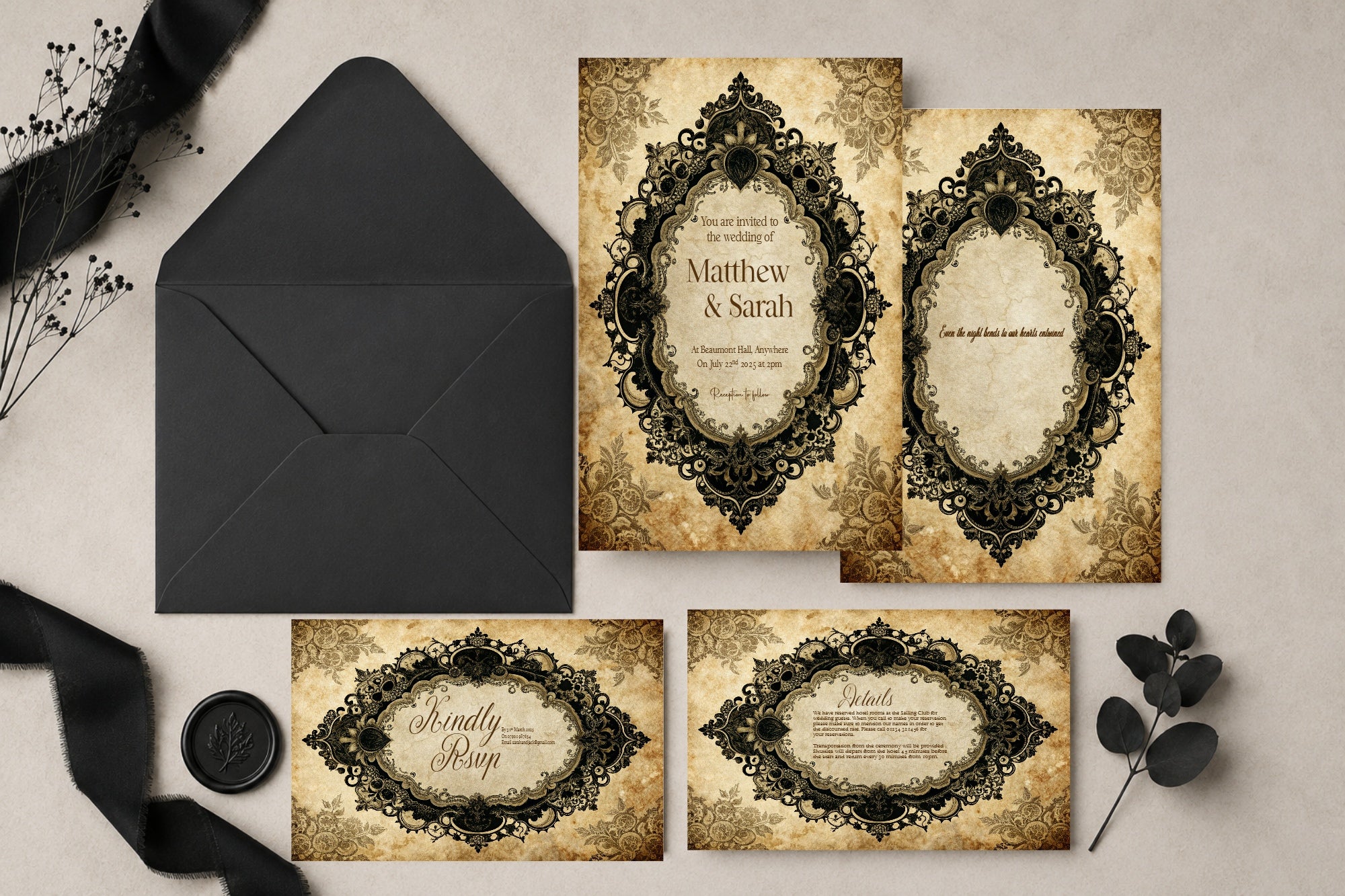 Black Lace Oval Frame Wedding Invitation Suite Bundle