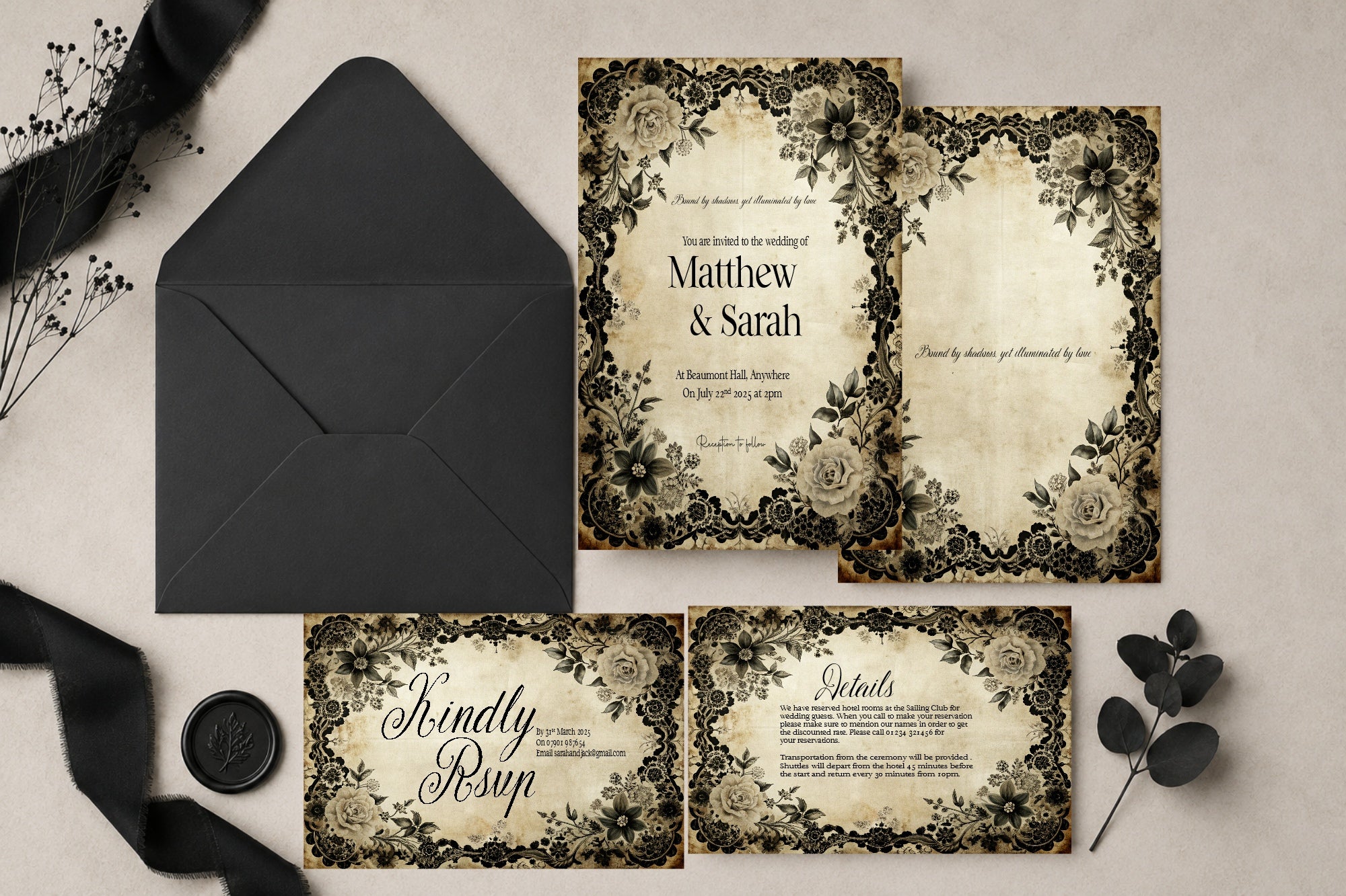 Black Rose Wedding Invitation Suite Bundle