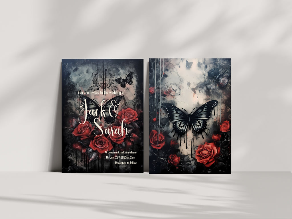 Gothic Butterflies Wedding Party Invitations & Envelopes | Pack of 10