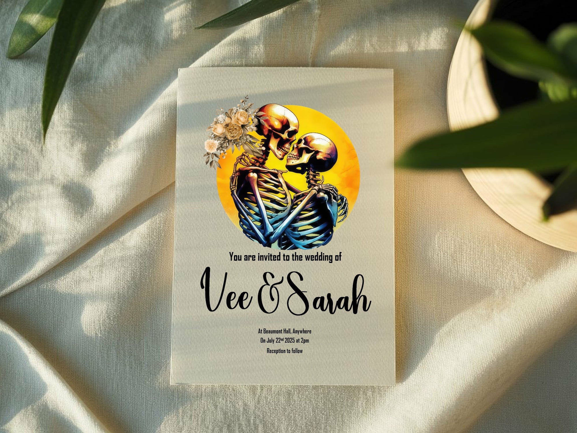 Skeleton Couple Wedding Invitations | Floral Yellow Circle | LGBTQ+ Wedding Stationery