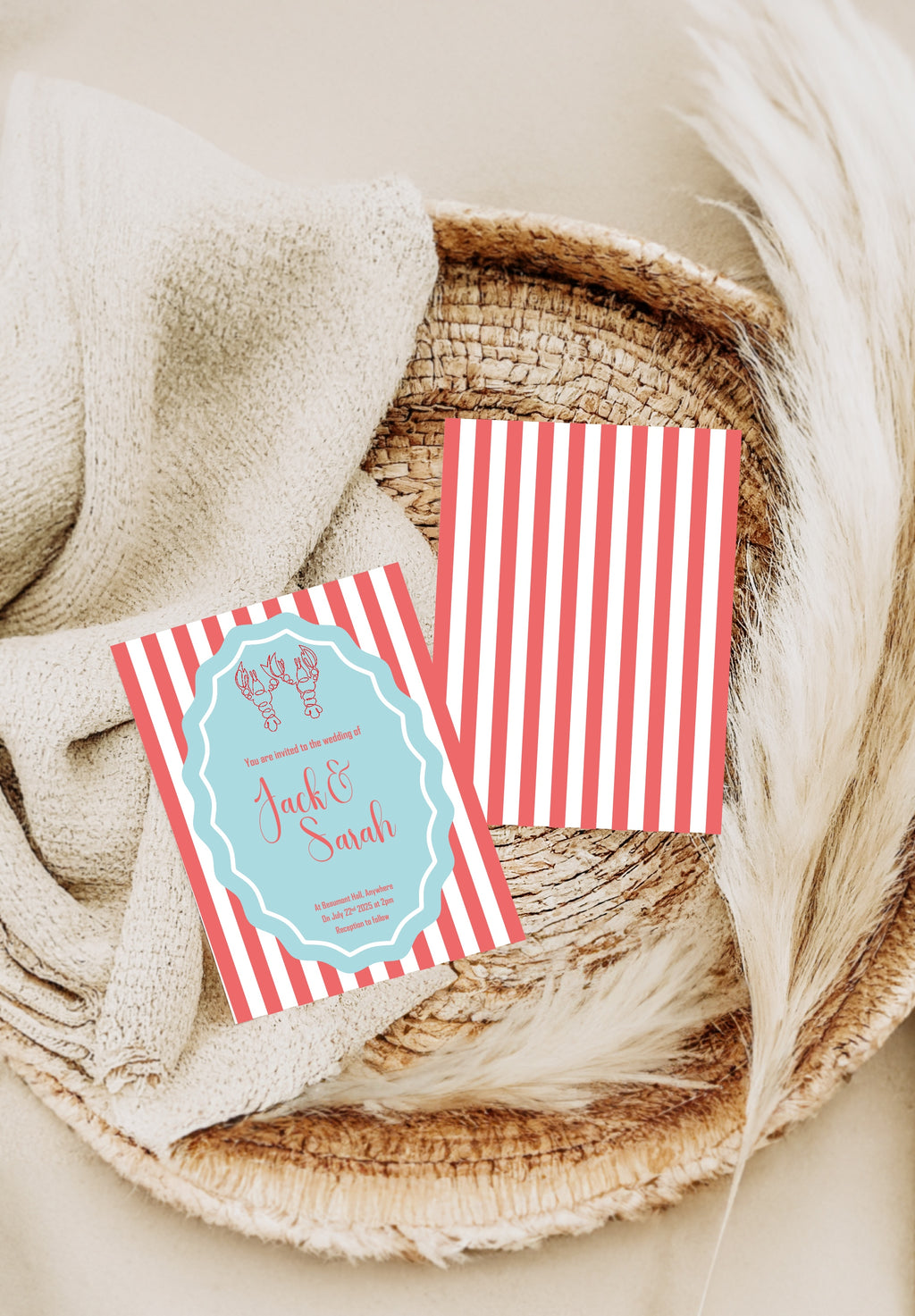 Red & Blue Lobster Wedding Party Invitations & Envelopes | Pack of 10