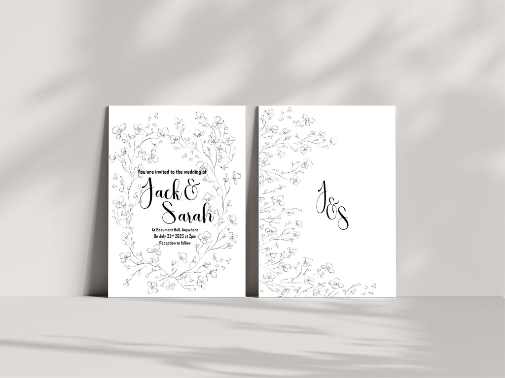 Monochrome Floral Wedding Party Invitations & Envelopes | Pack of 10