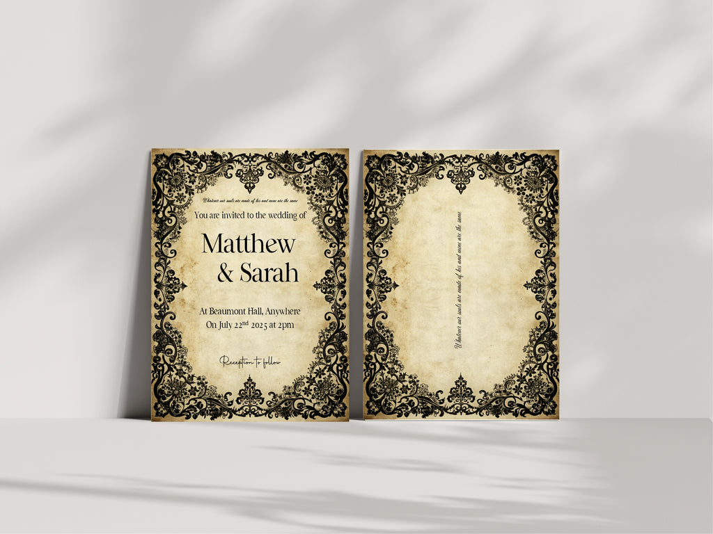 Black Lace Romantic Literature Wedding Party Invitations & Envelopes | Pack of 10