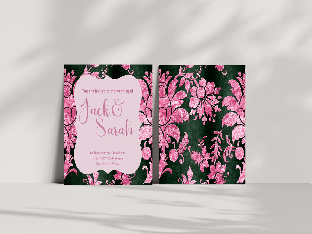 Damask Wedding Party Invitations & Envelopes | Pack of 10 | Green & Pink