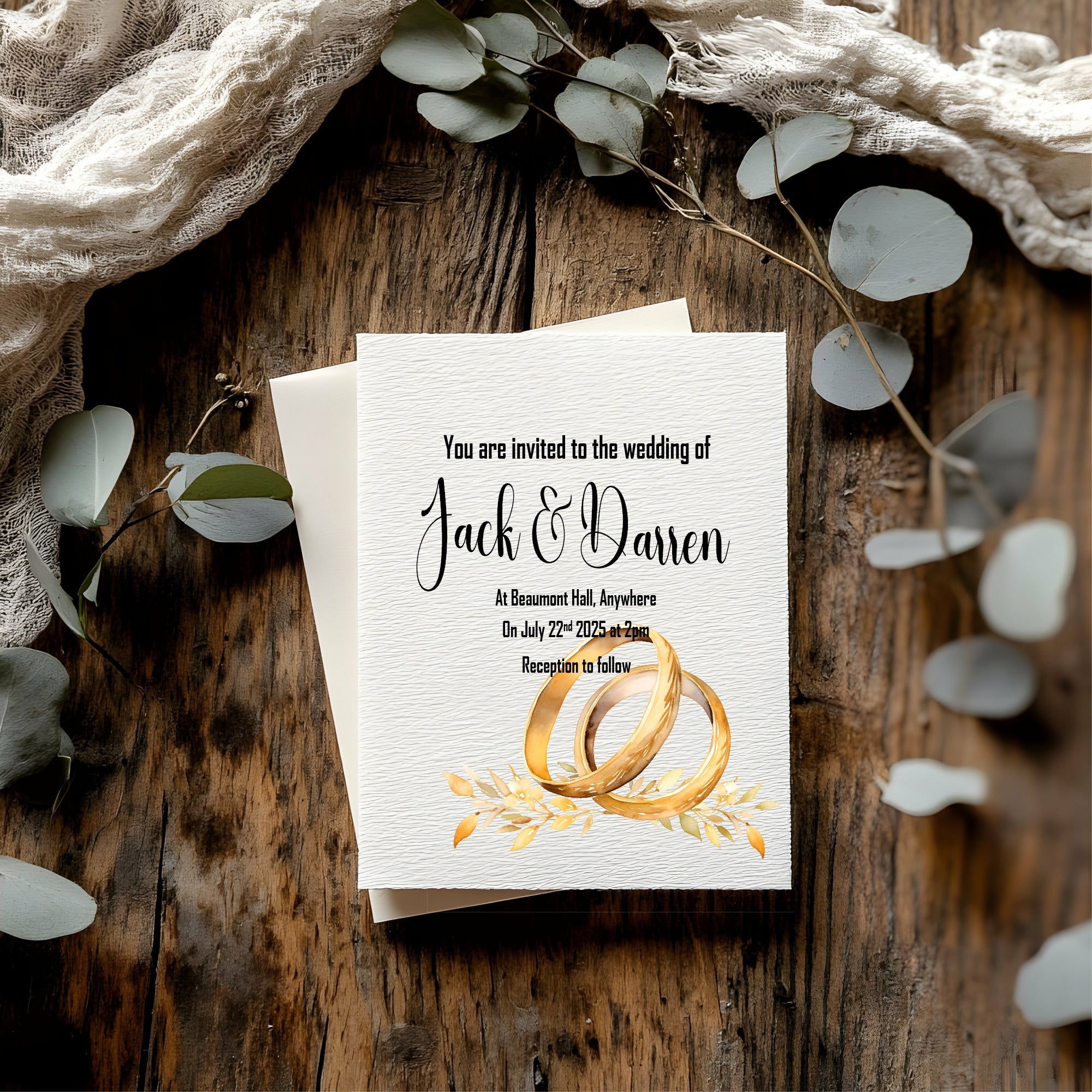 Same-Sex Wedding Invitations | Pack of 10 | Gold Rings & Leaf Design | LGBTQ+ Wedding Stationery