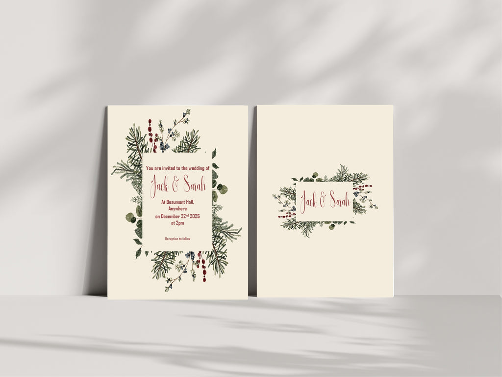 Christmas Greenery Wedding Party Invitations & Envelopes | Pack of 10