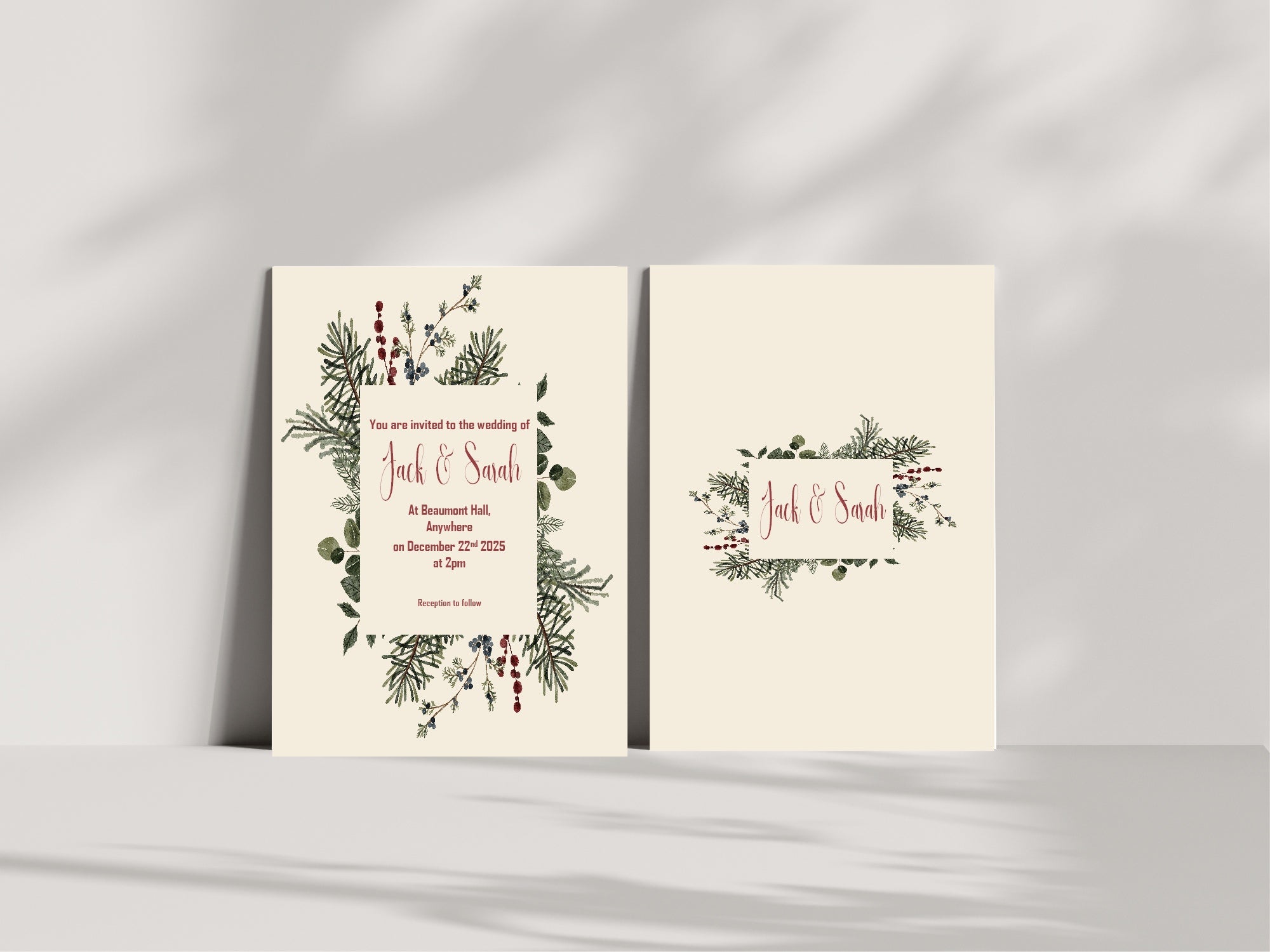 Christmas Greenery Wedding Party Invitations & Envelopes | Pack of 10