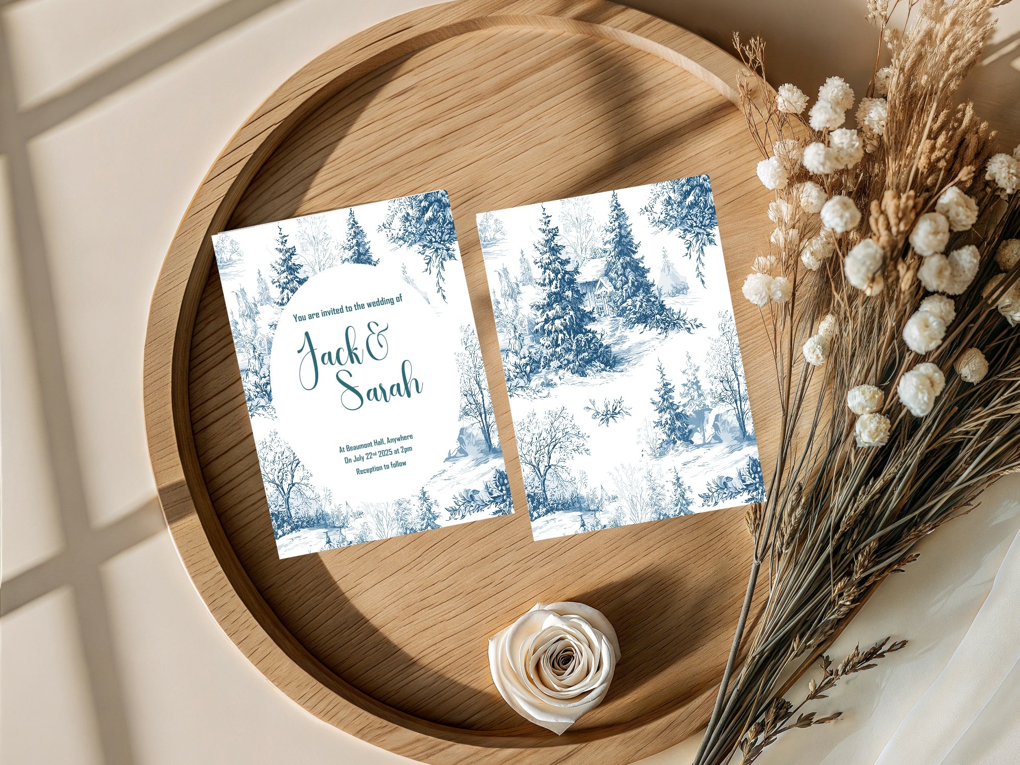 Blue Toile Winter Wedding Party Invitations & Envelopes | Pack of 10