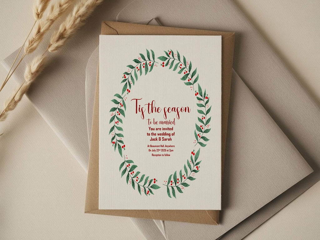 Mistletoe Wreath Tis' The Season Wedding Party Invitations & Envelopes | Pack of 10