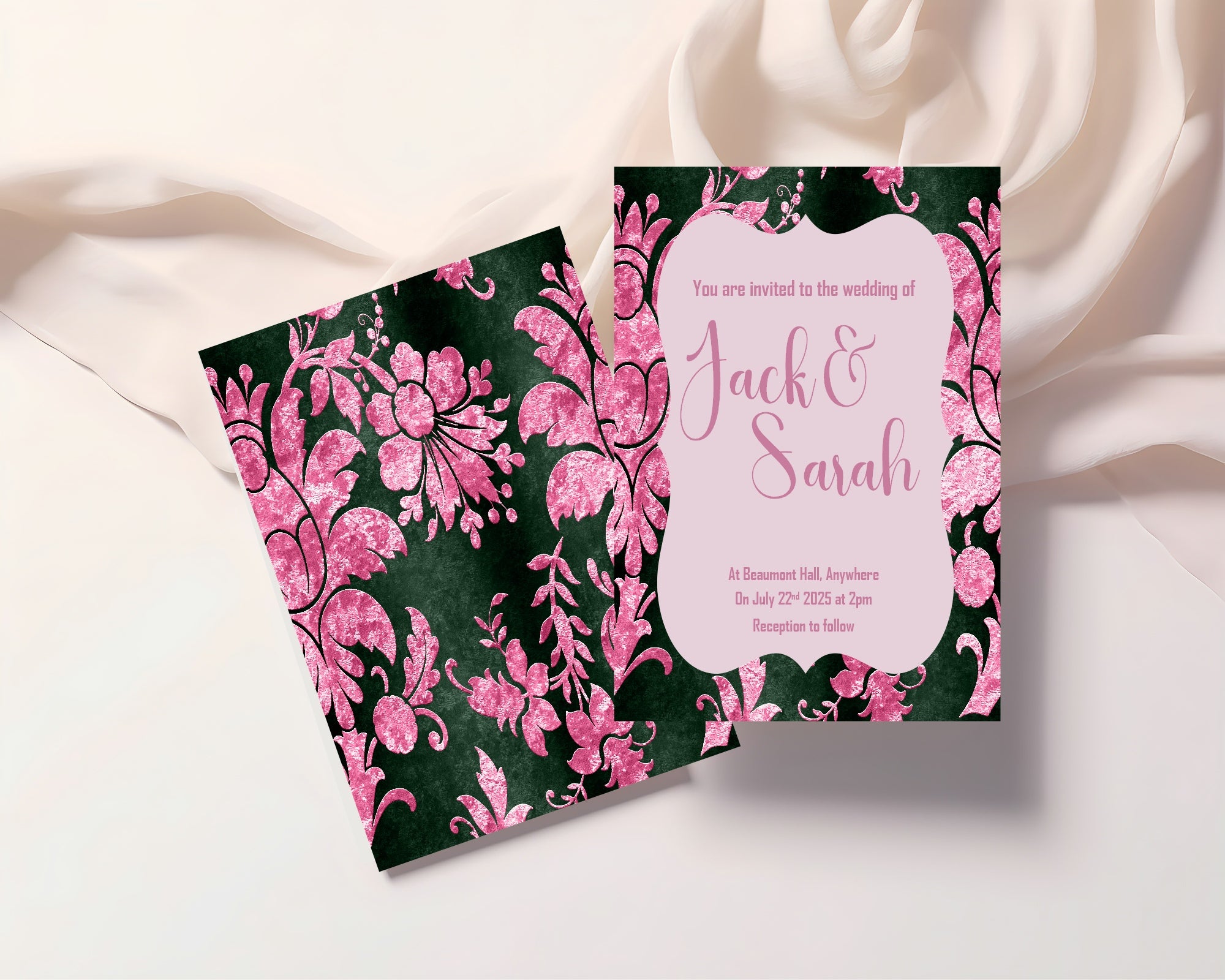 Damask Wedding Party Invitations & Envelopes | Pack of 10 | Green & Pink