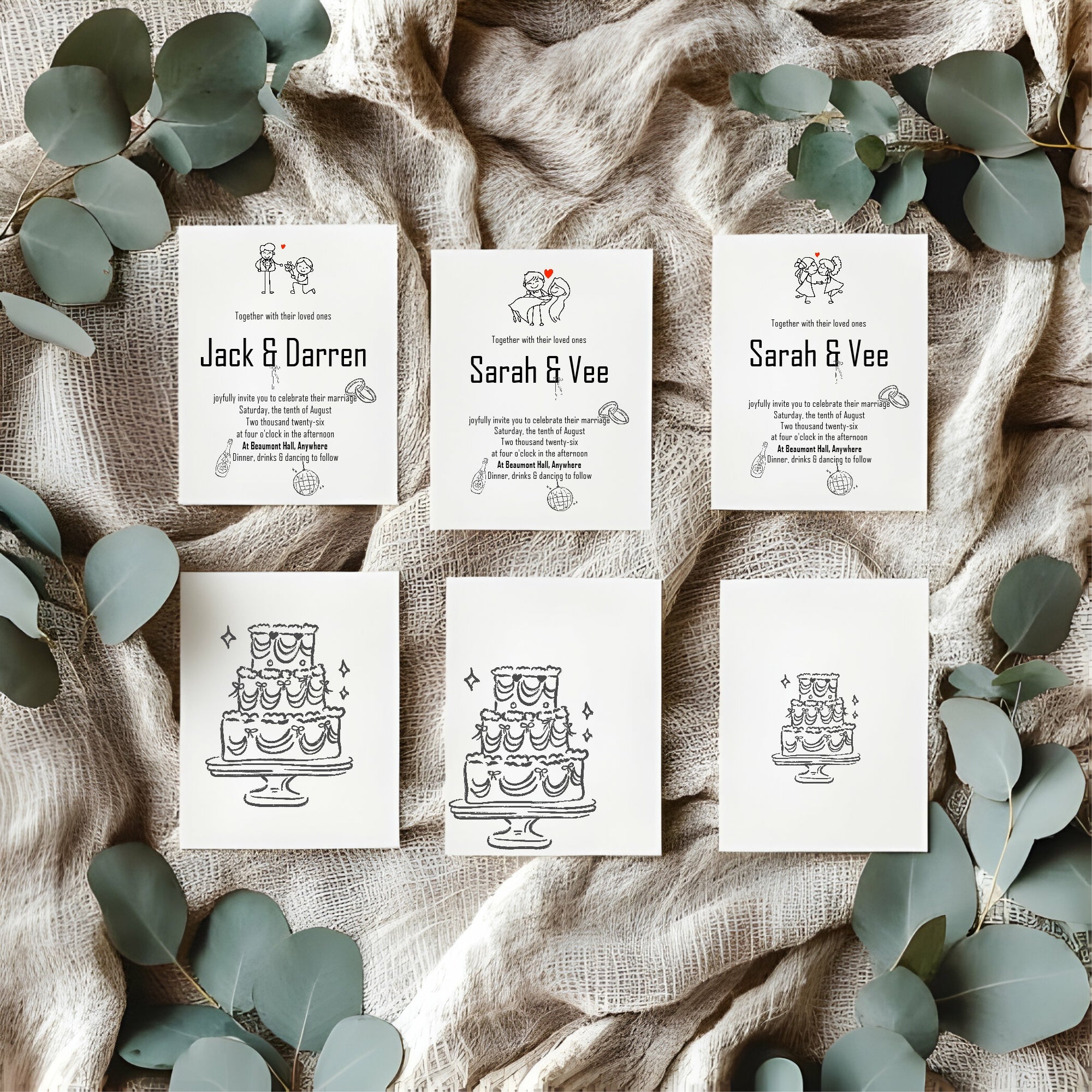 Set of wedding invitations with names and cake illustrations on a textured fabric background with eucalyptus leaves.