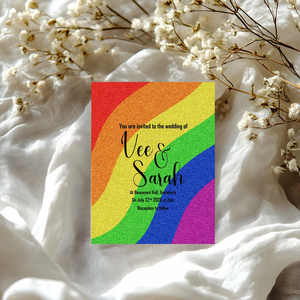 Glitter Pride Flag Wedding Party Invitations & Envelopes | Pack of 10
