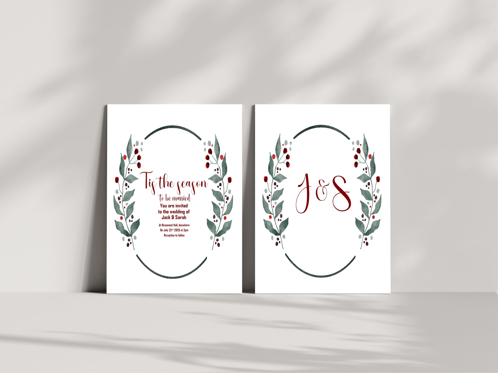 Mistletoe & Berries Oval Wedding Party Invitations & Envelopes | Pack of 10